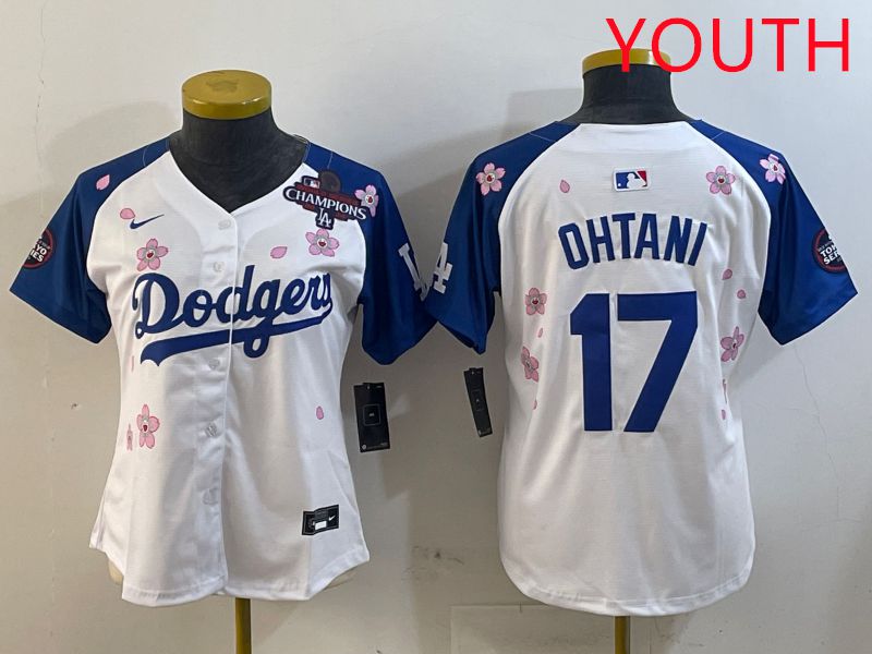 Youth Los Angeles Dodgers 17 Ohtani White Blue Sakura Edition 2025 Nike MLB Jersey style 2